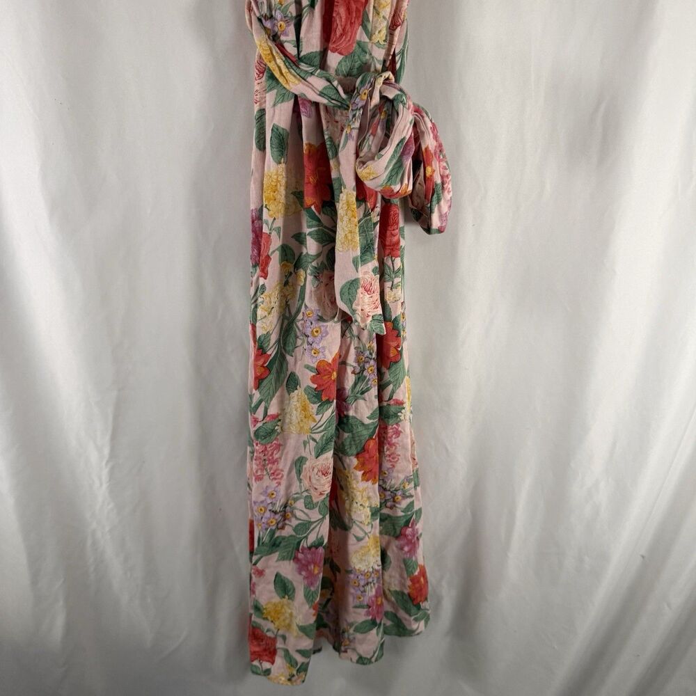 Old Navy Linen Blend Maxi Dress Women's Small Pink Floral Wrap Top Puff Sleeve - Picture 7 of 9
